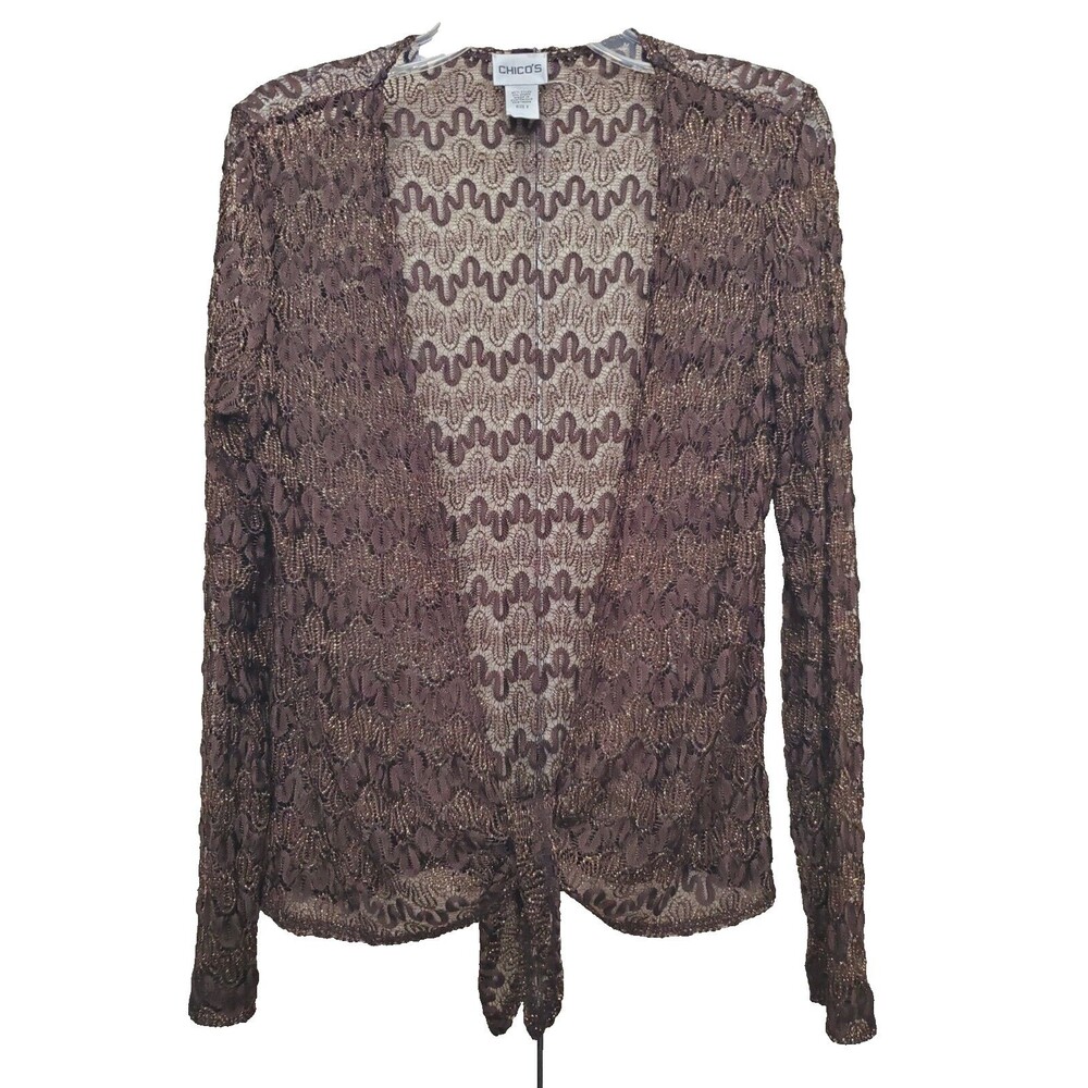 Chico's Brown/Gold Mesh Sheer Tie-Waist Jacket Topper Size 2 Large